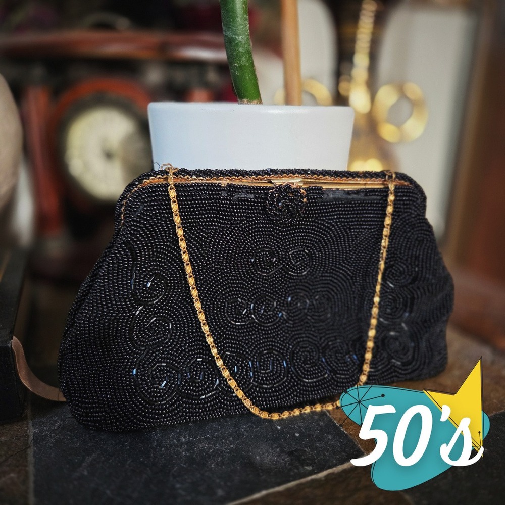 Vintage 1950s Dormar Black Beaded Clutch Bag Gold‎ Chain Handmade in France